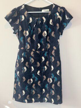 sm Wardrobe Navy Blue Black Dress Birds Corduroy XL Retro Fit and Flare